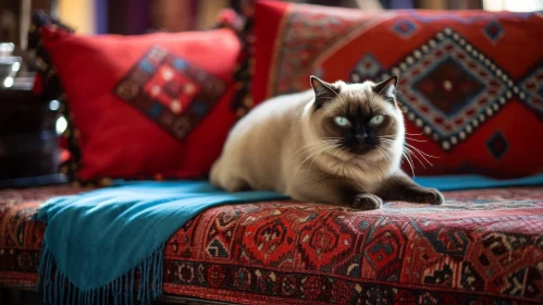 Elegant Siamese Cat on Red Oriental Carpet