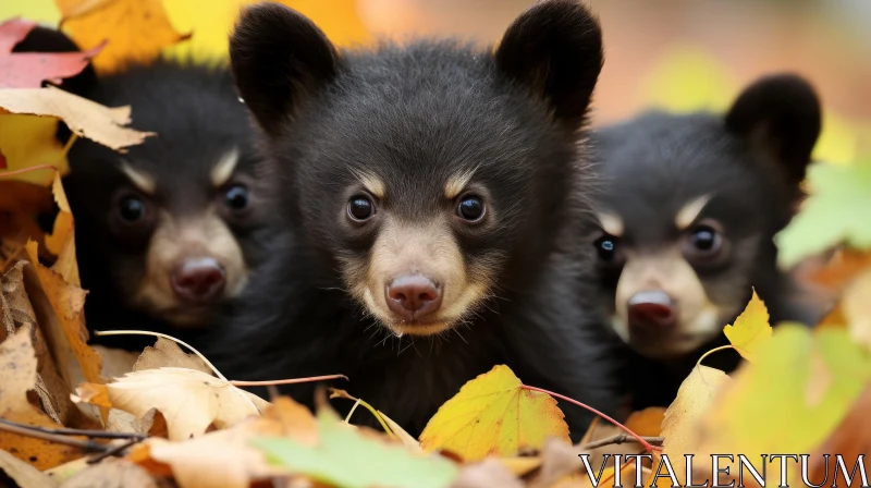 Enchanting Black Bear Cubs Among Autumn Leaves AI Image