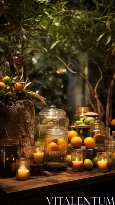 Enchanting Nature-Inspired Installation with Lit Orange-Scented Candles AI Image