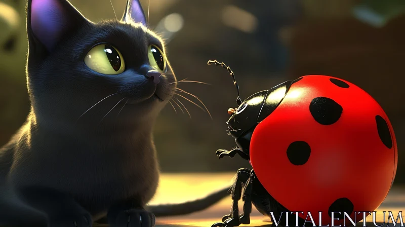 AI ART Curious Cat and Ladybug Close-Up