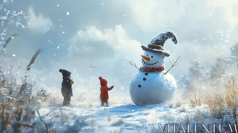 AI ART Children Playing with a Snowman in a Snowy Landscape