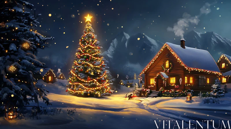 Scenic Holiday Cabin and Christmas Tree AI Image