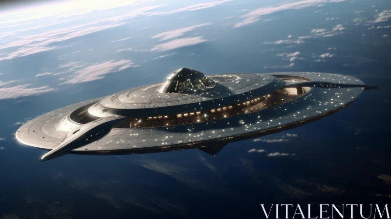 Futuristic Spaceship Flying Saucer Above Earth | Metal Crafted AI Image