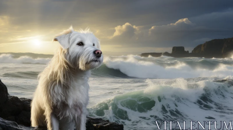 Gentle Canine Amidst Stormy Seascapes - A Tranquil Contrast AI Image
