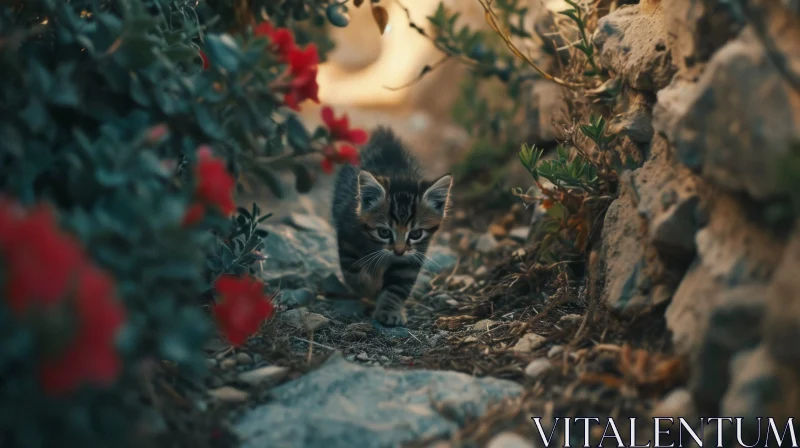 Graceful Gray Kitten Among Stones and Plants | Captivating Image AI Image