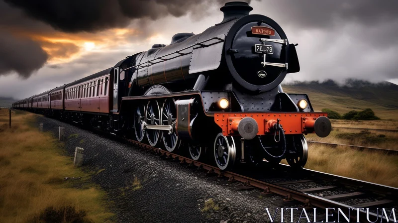 Luxurious Locomotive Train in a Dark Rain Storm | Traditional British Landscapes AI Image