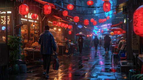 Rainy City Street Scene: Atmospheric Reflections and Red Lanterns