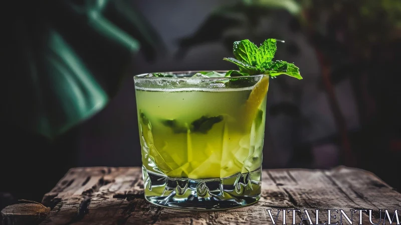 AI ART Refreshing Green Cocktail with Mint Leaf and Lemon on Wooden Table