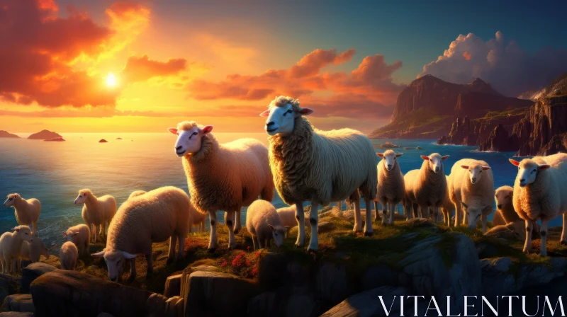 Sheep Overlooking Ocean: A Villagecore Mural AI Image
