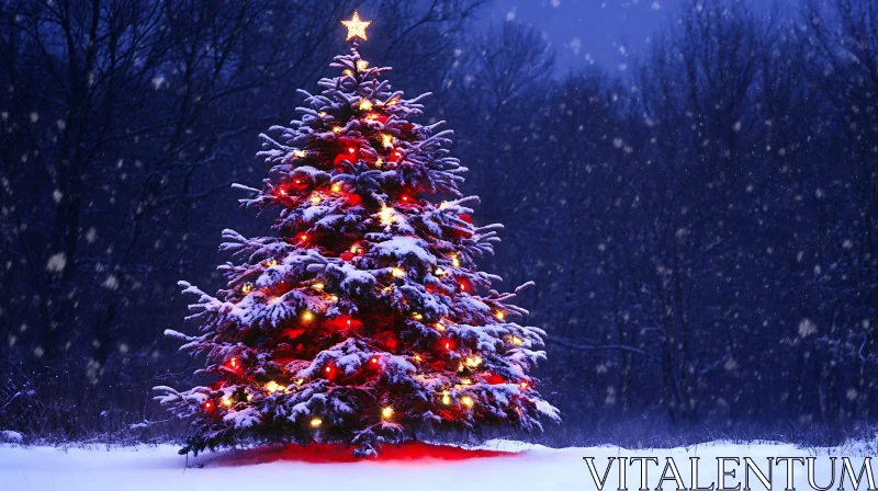 Enchanted Christmas Tree with Lights in Winter Forest AI Image