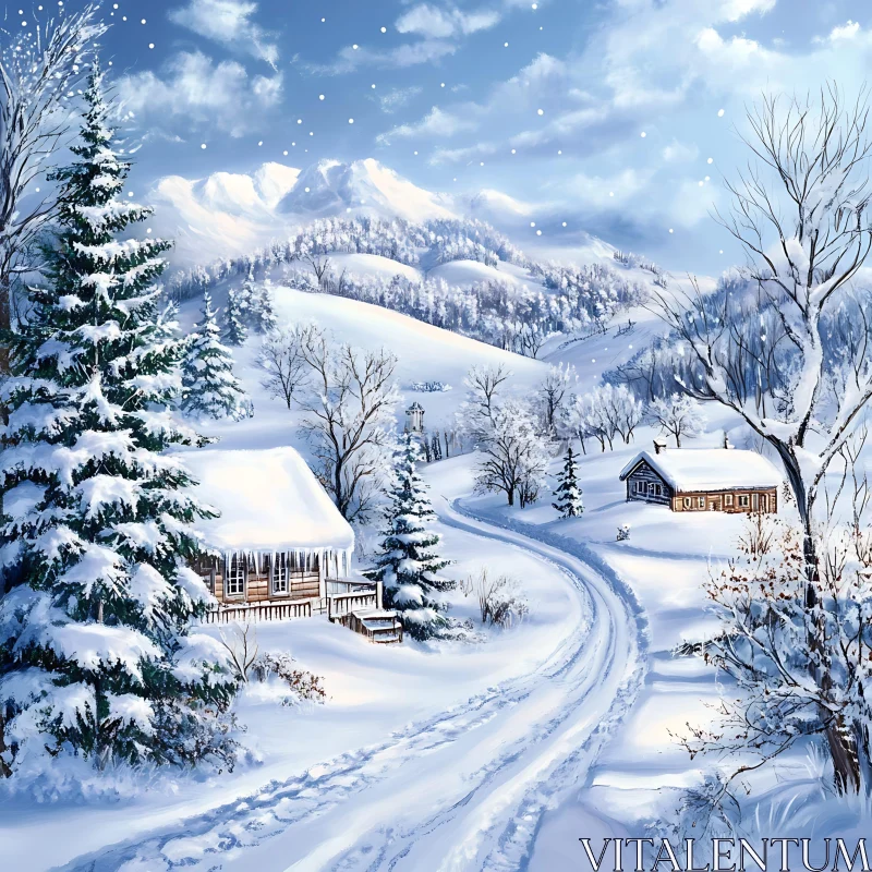 Winter Wonderland with Snowy Cabins and Mountains AI Image