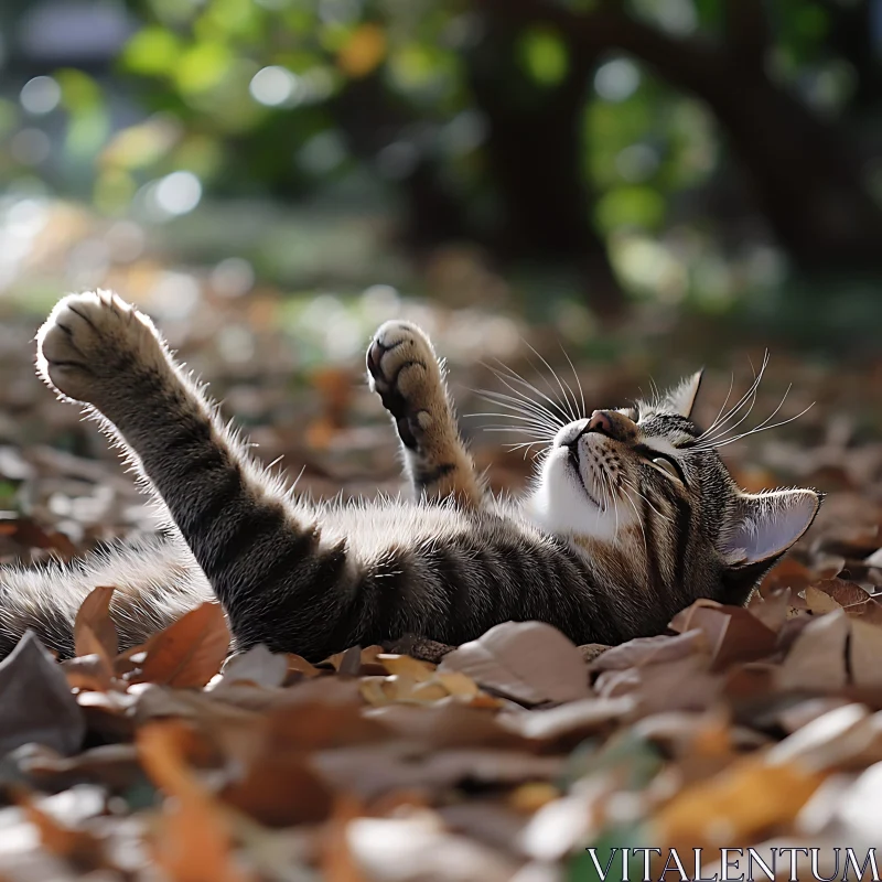 Content Cat Sleeping in Sunlit Forest AI Image