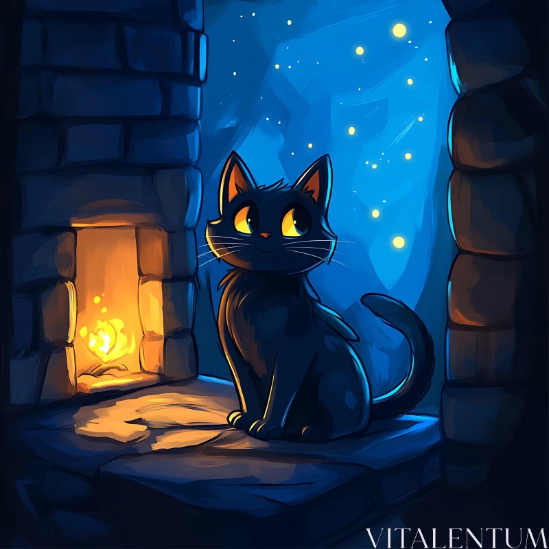 Cat by Firelight with a Starry Backdrop AI Image