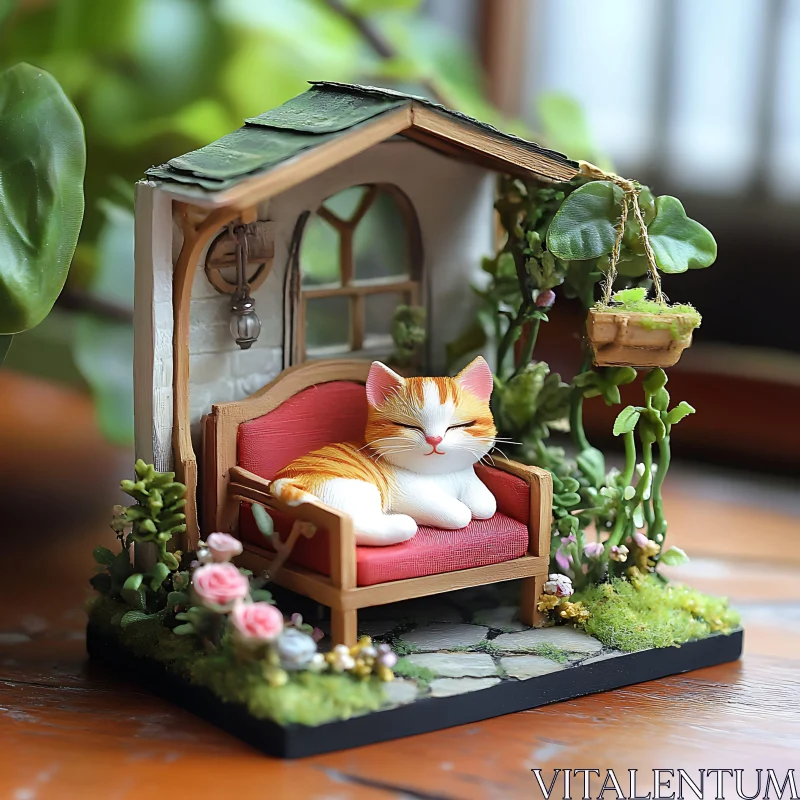 AI ART Cozy Cat in Miniature Garden Diorama