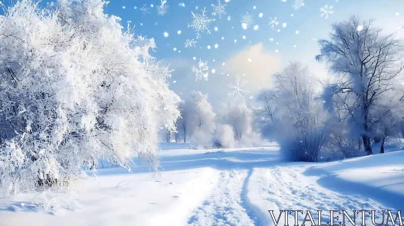 Peaceful Snowy Path Through Frost-Covered Trees AI Image