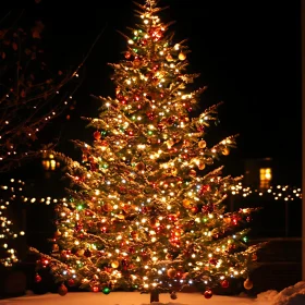 Festive Christmas Tree Adorned With Lights and Ornaments