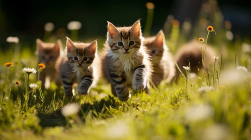 Adorable Kittens Running in Field of Flowers