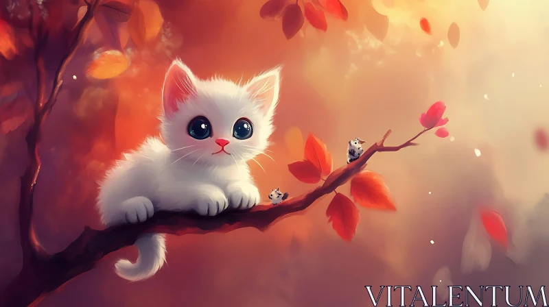 AI ART Whimsical Kitten in an Autumn Scene - Digital Illustration