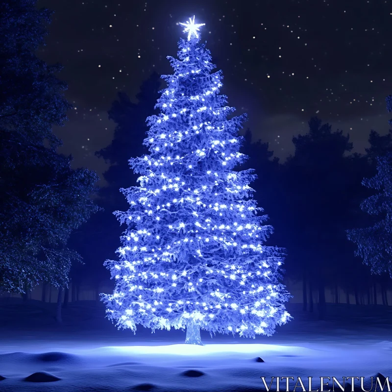 Illuminated Christmas Tree in Frosty Forest AI Image