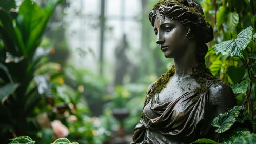 Bronze Statue of Woman in Classical Garden Setting