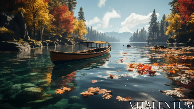 Captivating Autumn Scene: Boat Floating on a Serene Lake AI Image