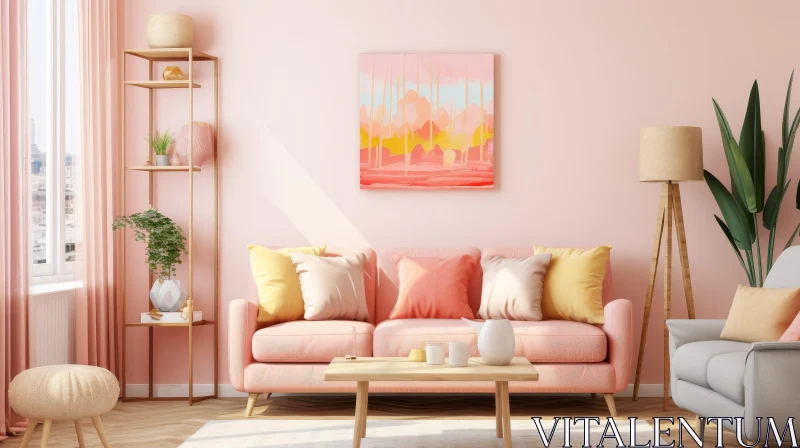 AI ART Cozy Pink Living Room with Abstract Artwork