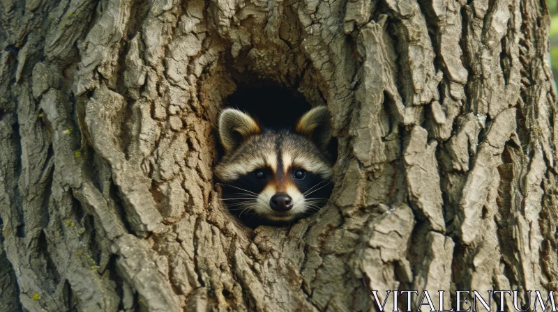 Curious Raccoon Peeking from Tree Hole | Nature Photography AI Image