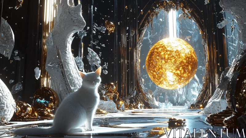 AI ART Mystical Surrealism: A White Cat and Floating Golden Sphere