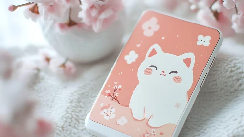 Cute White Cat with Cherry Blossoms on Phone Case