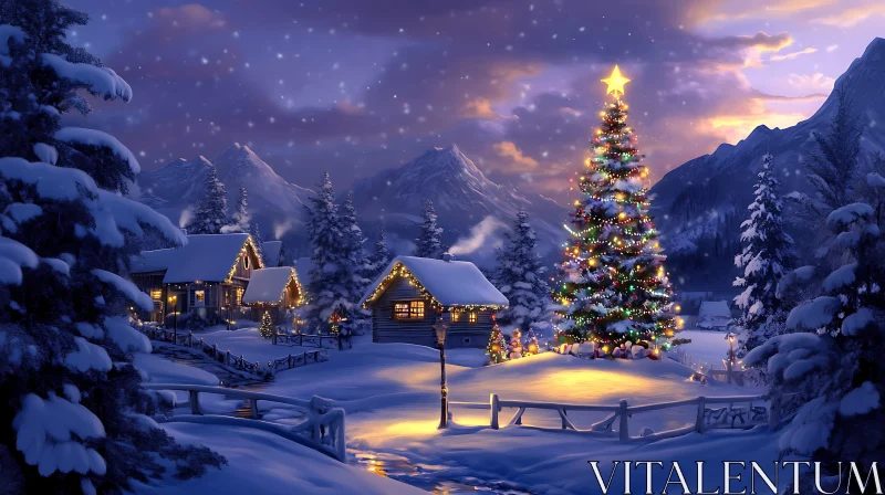 AI ART Snowy Mountain Village at Night with Holiday Lights