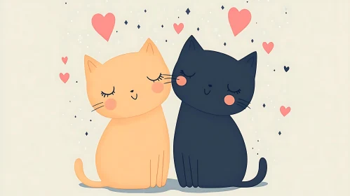 Cute Cartoon Cats Illustration with Sparkling Hearts