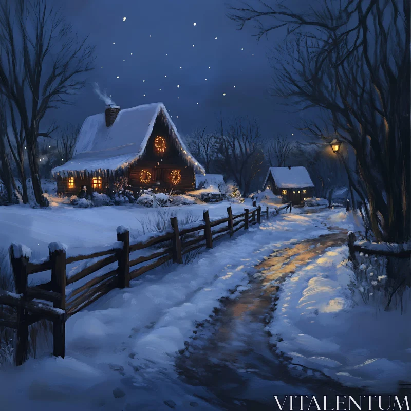 Snowy Night with Illuminated Cabin AI Image