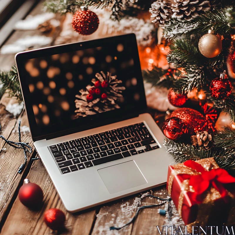 Festive Laptop with Christmas Decorations AI Image