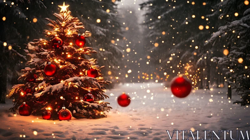 Festive Christmas Tree with Snow and Lights in Winter Forest AI Image