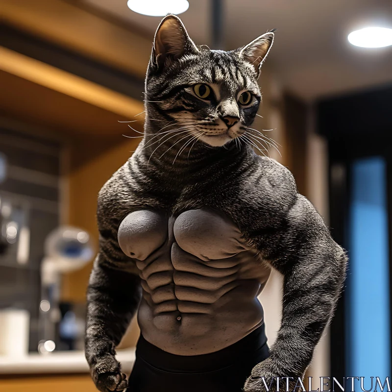 Creative Hybrid Cat with Impressive Muscles AI Image