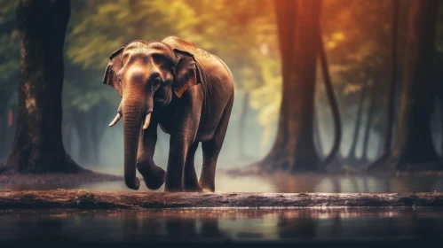 Elephant Walking through Forest in Beautiful Sunlight - Layered Imagery with Subtle Irony