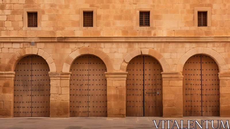 AI ART Enchanting Row of Arched Wooden Doors in Stone Wall