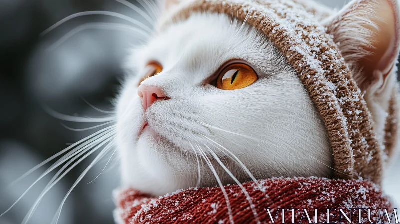 White Cat Portrait with Winter Hat and Scarf AI Image