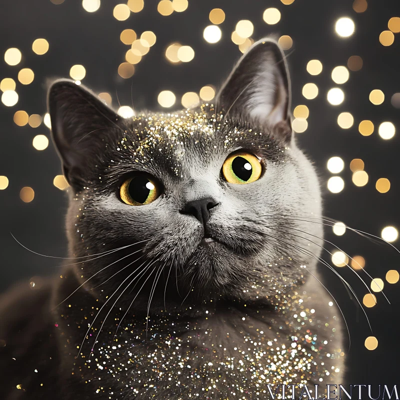 Glittery Cat Against a Bokeh Background AI Image