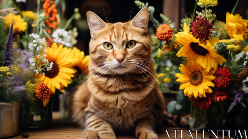 Ginger Cat with Flowers - Enchanting Image AI Image