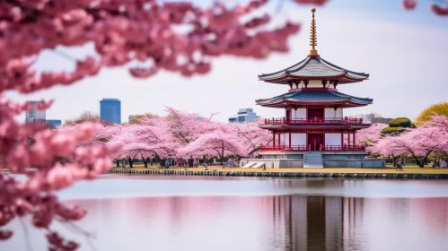 Japanese Garden Landscape with Pagoda and Cherry Blossom