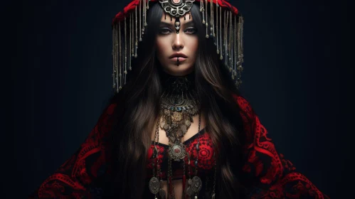 Oriental Woman Beauty in Red and Gold Costume