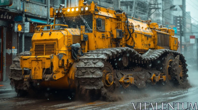 Yellow Bulldozer Driving Through Snowy Street | Industrial Futurism AI Image