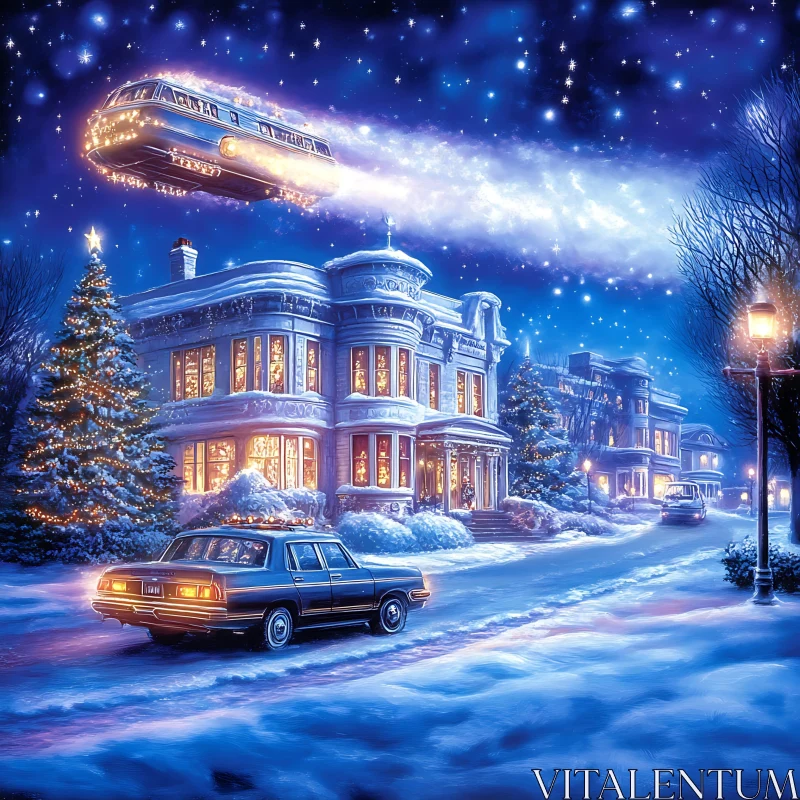 Enchanted Winter Scene with Holiday Lights and Flying Train AI Image