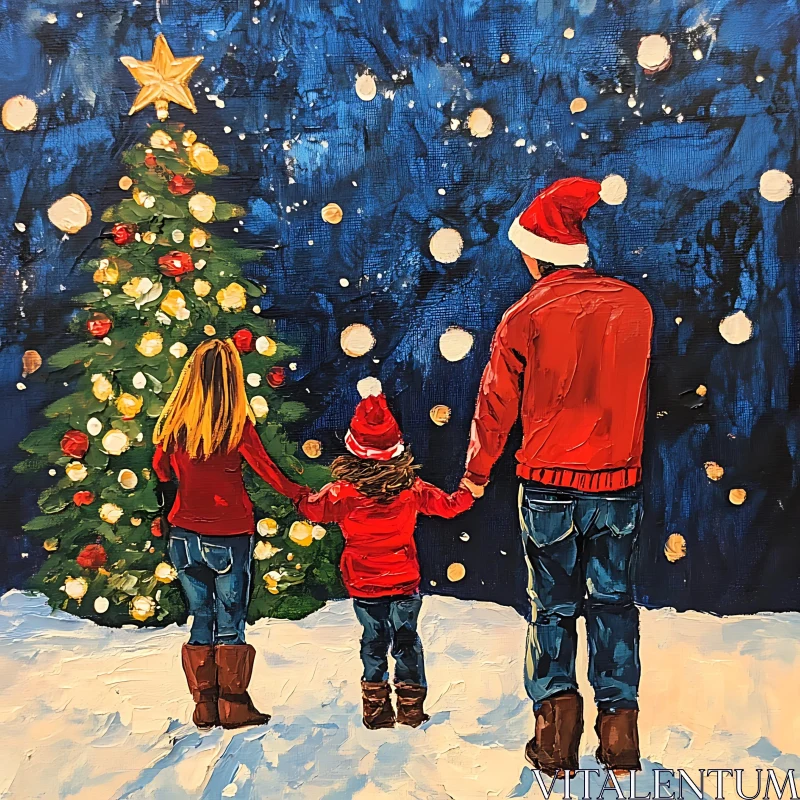 Holiday Scene of Family by Christmas Tree AI Image