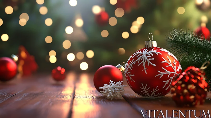 Red and White Snowflake Christmas Baubles with Warm Bokeh AI Image