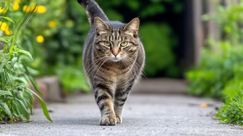 Confident Tabby Cat Strolling in the Garden