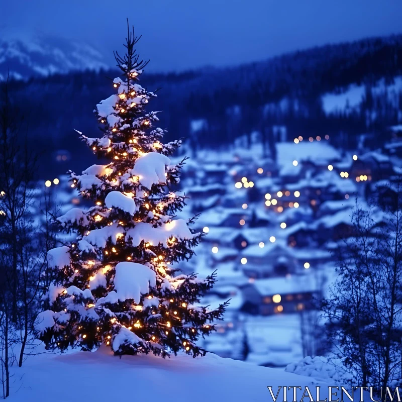 Winter Wonderland with Festive Christmas Tree AI Image