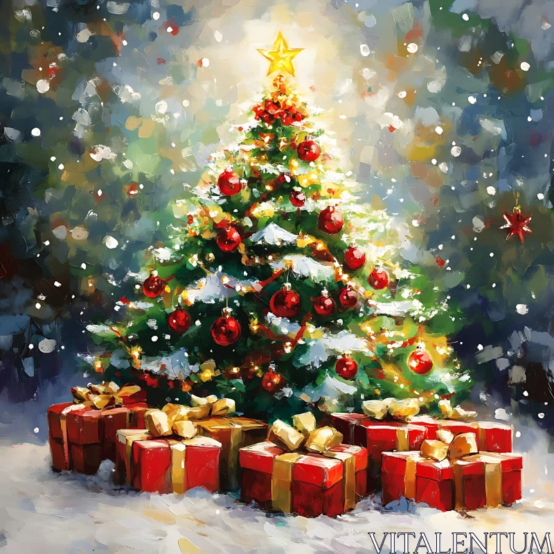 Festive Christmas Tree and Holiday Gifts AI Image