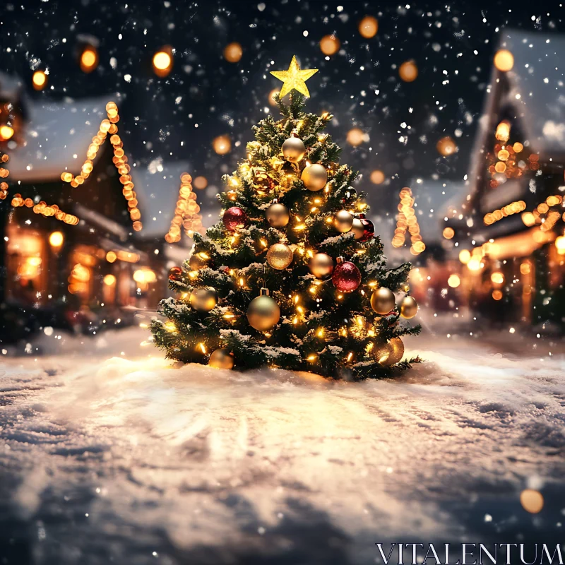 Snow-Covered Christmas Tree with Lights AI Image